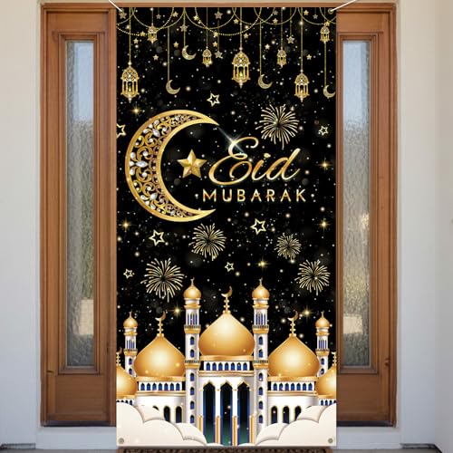 Eid Mubarak Door Banner Eid Mubarak Decorations for Door-Large Black Gold Islamic Sign Moon Design, Outdoor Indoor Yard Banner for Eid Ul-Fitr Party Home Garden Ramadan Muslim Door Covers 71 x 35 inch
