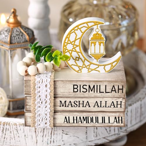 Ramadan Decorations for Home Eid Mubarak Decorations Wood Ramadan Table Sign Golden Moon Eid Tiered Tray Sign for Islamic Muslim Table Indoor Shelf Office Gifts - style: Ramadan