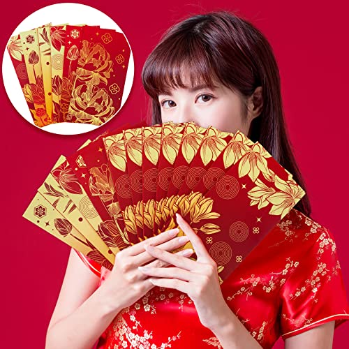 AnyDesign 48 Pcs Chinese New Year Red Envelopes 6 Designs Red Gold Hong Bao Lotus Peony Floral Lucky Money Pocket for Lunar New Year Spring Festival Wedding Birthday Party Supplies, Non-Foil Printing