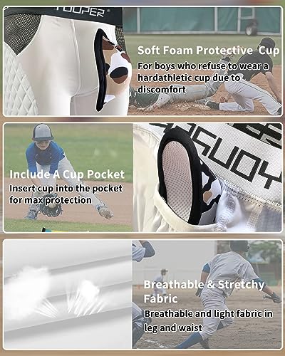 Youper Youth Elite Padded Baseball Sliding Shorts w/Soft Athletic Cup - color: White, size: X-Small