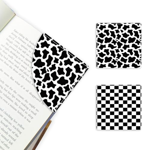 2 Pack Black and White Checkered&Cow Leather Book Corner Bookmark, Durable Handmade Reading Accessories - Gifts for Readers, Women, Men, Teachers, Students - color: 2pack-black and White Checkered&cow