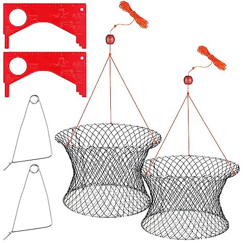 Windyun 2 Sets Crab Trap Bait Wire Grid Bottom Crab Nets Foldable Fishing Net Hand Casting Cage with Harness and Bait Clip - color: Black