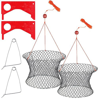 Windyun 2 Sets Crab Trap Bait Wire Grid Bottom Crab Nets Foldable Fishing Net Hand Casting Cage with Harness and Bait Clip - color: Black