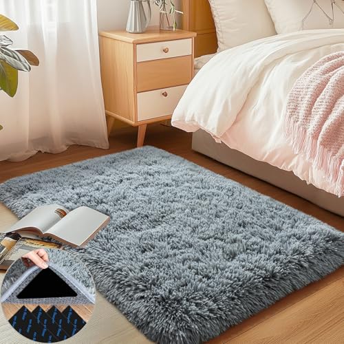 2x3 Grey Fluffy Shaggy Area Rug, Soft Plush Small Carpet for Living Room - color: Grey, size: 2' x 3' (Rectangular)