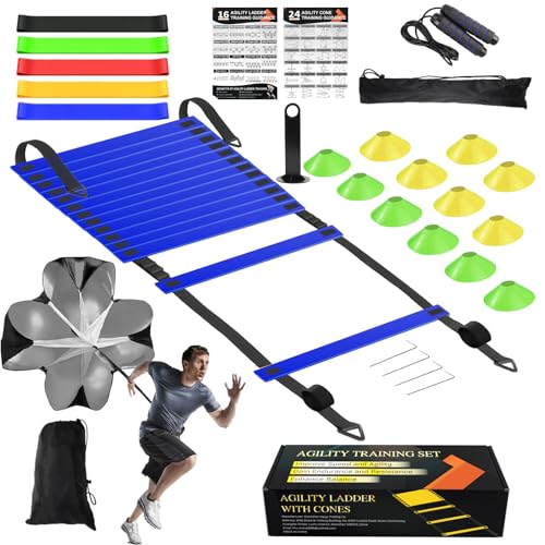Speed Agility Training Equipment Set, Agility Ladder 20ft, 12 Football Cones, Resistance Parachute/Soccer Kick Trainer, Jump Rope, 5 Resistance Bands, Football Practice Equipment for Kids Adults - color: Blue Ladder Set