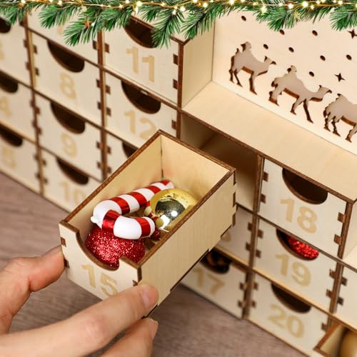 Nuanchu Lighted Christmas Wooden Advent Calendar with 24 Drawers DIY Empty Advent Calendars to Fill Countdown to 2026 Christmas Reusable Nativity Scene Decor Make Your Own Gifts Box for Xmas Adults