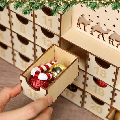 Nuanchu Lighted Christmas Wooden Advent Calendar with 24 Drawers DIY Empty Advent Calendars to Fill Countdown to 2026 Christmas Reusable Nativity Scene Decor Make Your Own Gifts Box for Xmas Adults