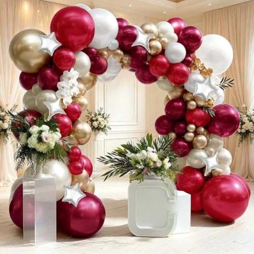 Rose Red White Balloon Arch Double Stuffed Burgundy Gold Pearl Balloon Kit - color: Red White