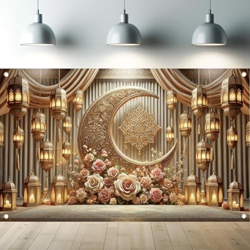 Ramadan Eid Banner 71x43 Inch Golden Crescent Moon Lantern Rose Floral lslamicDecoration for Ramadan Kareem Eid Mubarak Party Decor - color: Style 2
