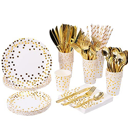 200Pcs Gold Party Supplies - Gold Paper Plates & Napkins Cups Silverware Serves 25 Sets for Wedding Bridal Shower Engagement Birthday Parties (Gold dot) - color: Gold dot