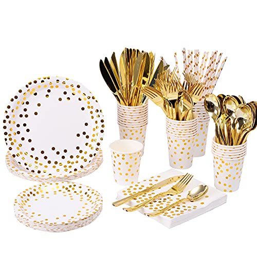 200Pcs Gold Party Supplies - Gold Paper Plates & Napkins Cups Silverware Serves 25 Sets for Wedding Bridal Shower Engagement Birthday Parties (Gold dot) - color: Gold dot