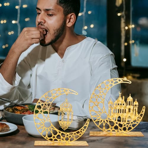 2pcs Eid Mubarak Kareem Table Sign, Wooden Moon Hollow Star Ornament Ramadan Hollow Ornament Wood Ramadan Decorations Islamic Home Decor Gifts for Home Muslim Party Tabletop Decor