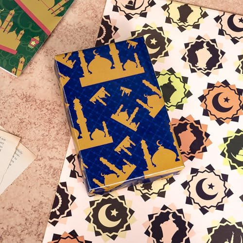 RUSPEPA Eid Wrapping Paper Sheets, Crescent Moon Mosque & Geometric Mandala Design, Religious Holiday Gift Wrap for Islam Ramadan, Eid al-Fitr, Muslim Celebrations, 6 Folded Sheets, 19.68 X 27.5 Inch - color: Eid al-Fitr