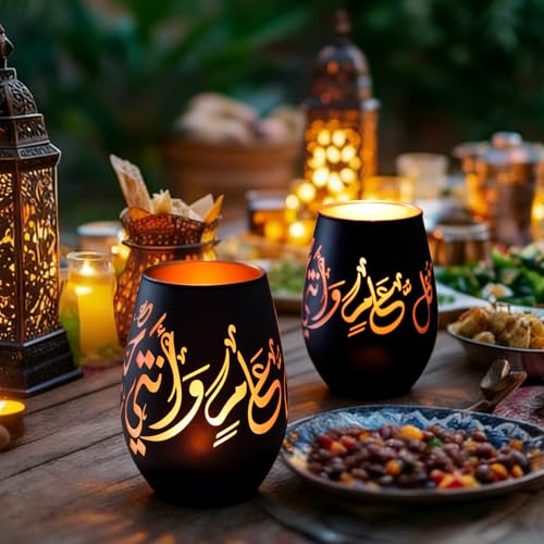 Ramadan Decoration Glass Candle Holder- May You Be Well Throughout The Year - Black Tealight & Votive Holder for Ramadan Decor, Eid Mubarak Decor & Islamic Gifts