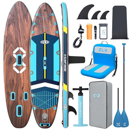 ZLX 11'6"x35" Ultra Wide Inflatable Stand Up Paddle Board | Stable Non-Slip Deck Pad, Unique Fin System, Premium SUP Accessories & Backpack - Upgraded Pump for Adults, All Skill Levels - color: Black Wood Seat
