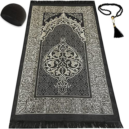 Muslim Prayer Rug Prayer Beads Kufi Hat for Men and Women 100% Breathable Black Skull Beanie Traditional Desing Prayer Mat Eid Ramadan Gifts Islamic Set Salah Mat Taffeta Fabric Soft (Black) - color: Black