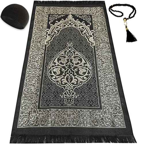 Muslim Prayer Rug Prayer Beads Kufi Hat for Men and Women 100% Breathable Black Skull Beanie Traditional Desing Prayer Mat Eid Ramadan Gifts Islamic Set Salah Mat Taffeta Fabric Soft (Black) - color: Black