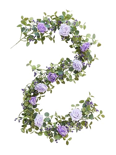 Anna's Whimsy 5.91FT Artificial Eucalyptus Garland with Flowers, Fake Rose Gypsophila Garland, Faux Floral Greenery for Wedding Spring Home Party Craft Art Table Runner Decor - color: Purple, size: 1PCS
