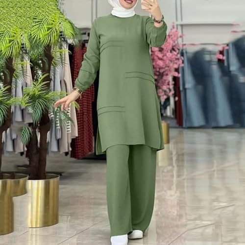 Muslim Outfits For Women 2 Piece Sets Long Sleeve Loose Tops Wide Leg Pants Suits Plus Size Outfit Prayer Clothes - color: Green, size: Large