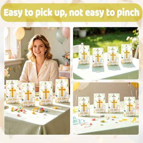 LERCTH 30 PCS God Bless Gift Bags, 6.5x9.8inches Cross & Floral Design Plastic Treat Bags with Handles, Religious Party Favor Bags for Baptism, First Communion, Confirmation & Christian Celebration Supplies - color: God bless gift bags 30 packs
