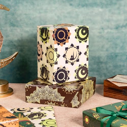 RUSPEPA Eid Wrapping Paper Sheets, Crescent Moon Mosque & Geometric Mandala Design, Religious Holiday Gift Wrap for Islam Ramadan, Eid al-Fitr, Muslim Celebrations, 6 Folded Sheets, 19.68 X 27.5 Inch - color: Eid al-Fitr