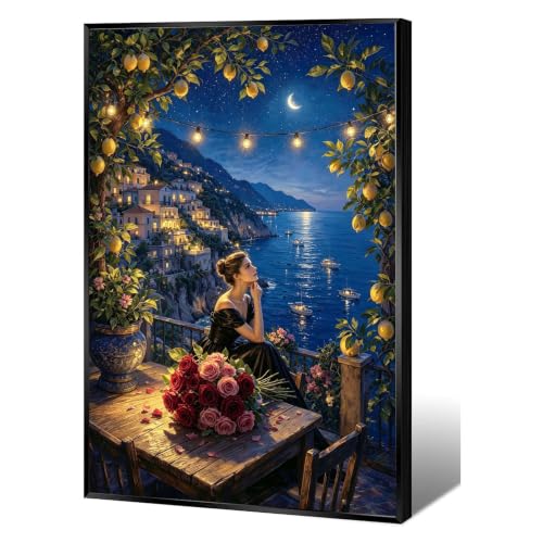 Amalfi Coast Night View Canvas Wall Print Lemon Tree Crescent Moon String Lights Seaside Woman Red Pink Rose Floral Mediterranean Wall Decor - color: Nature6, size: 8x12in Black Framed