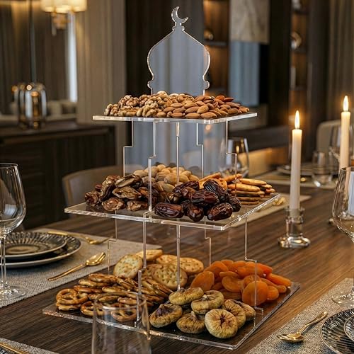 3 Tier Serving Stand and Tiered Serving Tray Display, Clear Acrylic Minaret Design Table Decor, Dessert Fruit & Date Stand for Iftar, Islamic Table Centerpiece for Ramadan and Eid - color: Clear, size: 11.8" x 7.5" x 11.8"