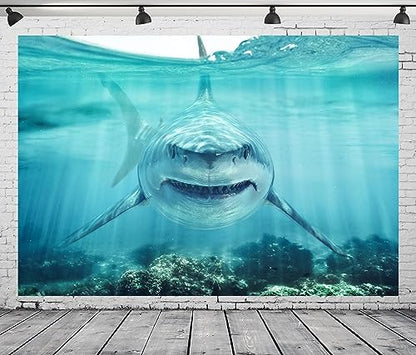 BELECO 12x10ft Fabric Under The Sea Backdrop Underwater World Ocean Aquarium Background Shark Theme Party Decorations Banner Birthday Photoshoot Studio Props Wallpaper - size: 12x10FT