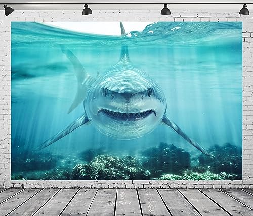 BELECO 10x6.5ft Fabric Shark Under The Sea Backdrop Underwater World Ocean Aquarium Background Shark Theme Party Decorations Banner Birthday Photoshoot Studio Props Wallpaper - size: 10x6.5FT