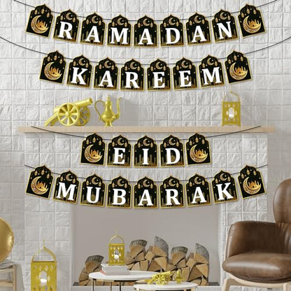 WATINC 4pcs Ramadan Kareem Banner Eid Mubarak Decoration, Ramadan Hanging Banners Decor, No DIY Needed Eid Mubarak Al-Fitr Iftar Party Favor Hang Bunting Supplies for Home Tree Fireplace Wall 10 Feet