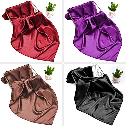 Syhood 4 Pcs 35 Inch Head Satin Large Bandana Satin Scarves Head Scarf for Women's Hair Square Scarf - color: Purplish Red, Purple, Coffee Color, Black