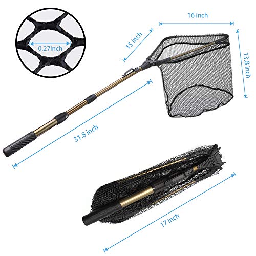YVLEEN Folding Fishing Net - Foldable Fish Landing Net Robust Aluminum Telescopic Pole Handle and Nylon Mesh 16inch Hoop Size - color: F:16"/40cm(3 Sections Telescopic Handle) Gold