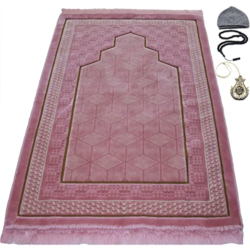 Modefa Turkish Islamic Velvet Prayer Rug - Thick & Wide Soft Praying Carpet for Men & Women - Double Plush Large Janamaz - Eid & Ramadan Gift - with Kufi, Beads & Car Hanger - Geometric Noor (Pink) - color: Pink