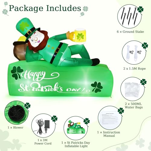 Lewondr 5.9FT St Patricks Day Inflatable Outdoor Decorations, Inflatable Leprechaun Lay on the Bed with Shamrocks, Blow up Yard Decoration with 6 Build-in Lights for Holiday Party Yard Lawn Garden - style: Leprechaun
