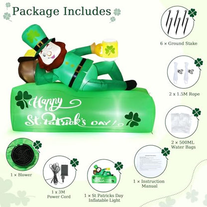 Lewondr 5.9FT St Patricks Day Inflatable Outdoor Decorations, Inflatable Leprechaun Lay on the Bed with Shamrocks, Blow up Yard Decoration with 6 Build-in Lights for Holiday Party Yard Lawn Garden - style: Leprechaun