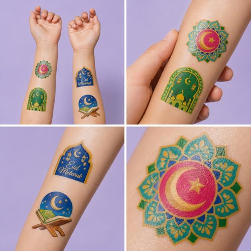 120 PCS Pre-Cut Happy Eid Mubarak Temporary Tattoos for Kids Party Favors | Super Cute Ramadan Al Fitr Themed Birthday Supplies, Decorations, Fake Tattoo Stickers, School Rewards & Gifts Boys & Girls
