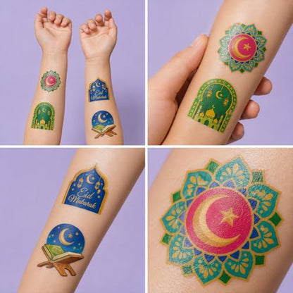 120 PCS Pre-Cut Happy Eid Mubarak Temporary Tattoos for Kids Party Favors | Super Cute Ramadan Al Fitr Themed Birthday Supplies, Decorations, Fake Tattoo Stickers, School Rewards & Gifts Boys & Girls