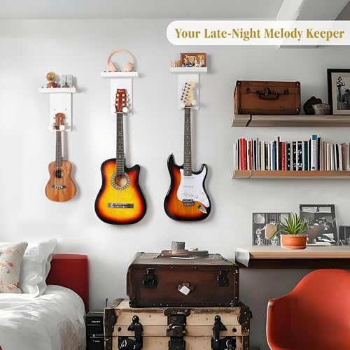Keebofly Guitar Wall Mount 3-Pack - Rustic Wood Guitar Hanger with Pick Holder for Acoustic, Electric, Bass Guitars & Ukulele (Matte White, Screw-Mounted) [Patented] - color: 3 Pack_White