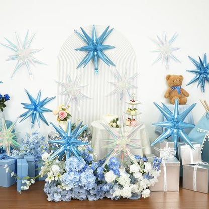 9Pcs Blue Iridescent Star Balloons, Explosion Spike Foil Balloons Party - color: Iridescent + Light Blue