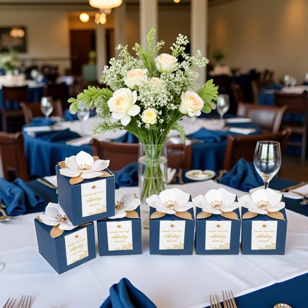 FEIYI 20 PCS 3.55“ Navy Blue Gift Boxes，Party Favor box with flowers - color: Navy Blue, size: Large-(3.55")