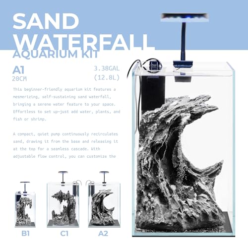 Aqua Worx Sand Waterfall Tank Kit - Silent Operation Falling Sand Fish Tank w/LED Light and Self Cleaning Filtration - Desktop Rimless Starter Aquarium Kit, Just Add Plants - 3.38GAL | 12.8L (A1) - size: A1 (20CM)