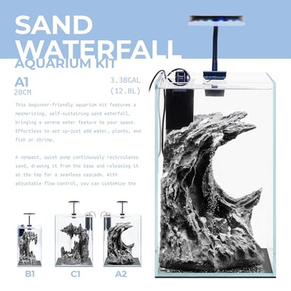 Aqua Worx Sand Waterfall Tank Kit - Silent Operation Falling Sand Fish Tank w/LED Light and Self Cleaning Filtration - Desktop Rimless Starter Aquarium Kit, Just Add Plants - 3.38GAL | 12.8L (A1) - size: A1 (20CM)