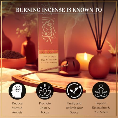 Oud Al Ibtisam Incense Sticks by Dukhni – Floral Oudh Scent | Agarwood Arabian Charcoal Free Incense I 90 Long-Lasting Oud Sticks | Organic & Non Toxic I Relaxing Aroma for Home, Aromatherapy, Prayer