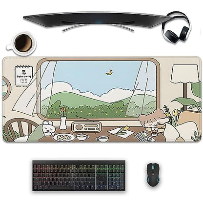 Girl and Rabbit Desktop Mouse Pad, Large Desk Mat, Cartoon Cute Gaming Mouse Pad for Computer Office Home Work (27.5X11.8 in) - color: Girl and Bunny