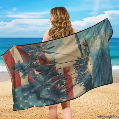 Coconut Tree Print Car Seat Towel Covers Front Seats American Flag Print Car Seat Hoodie Cover 60 x 33 Inch Absorbent Microfiber Towels for Gym Workout, Running, Swimming, Beach Hiking - color: Blue and Red - Coconut Tree American Flag