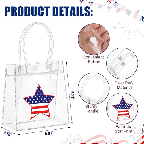 Aliceset 24 Pcs Patriotic Gift Bags with Handle, 4th of July Clear PVC Gift Bags, American Star Reusable Goodie Holder for Independence Day USA Patriotic Party Favor, 6.31" x 5.91" x 3.15" - style: Star