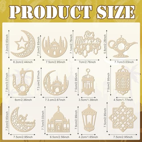 Barydat 36 Pcs Eid Mubarak Ornaments Ramadan Decorations Wooden Hanging Tree Ornaments Islamic Ramadan Cutouts Decor Castle Lantern Hanging Wood Cutouts Embellishment with Rope