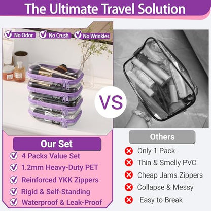 YQBRAO 4-Pack Clear Hard Shell Zipper Case, 1.2mm Ultra-Thick Diaper Bag Organizer Pouches, Rigid Self-Standing Travel Makeup Bags with YKK Zippers, TSA Approved, Purple - color: Purple, size: 4 Pack(S)