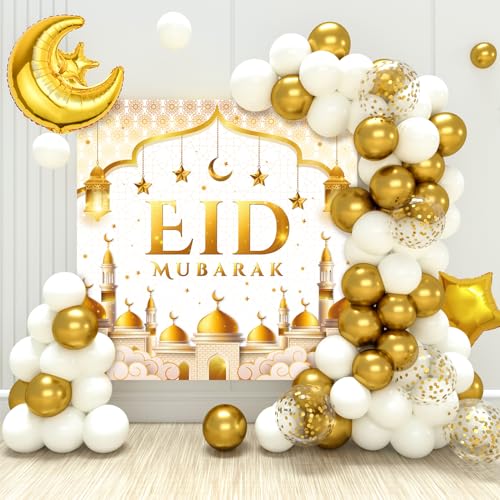 Eid Mubarak Decorations - 70PCS White Gold Ramadan Confetti Balloons with Mubarak Moon Star Foil Balloon, Backdrop for Eid Party Supplies, Eid Decorative Banner for Eid al-Fitr and al-Adha Decor - color: White Gold 2