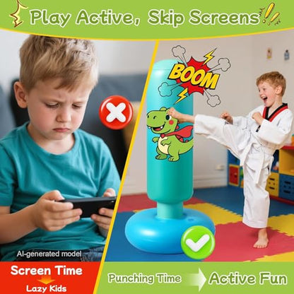 Inflatable Punching Bag for Kids: Qoosea 48 Inches Kids Bop Bag Boxing Gloves & Air Pump Dinosaur Toy Gift for Toddler & Kid Ages 3-8,Freestanding Punching Bag Easy to Inflate,Boxing Bag - color: Light Blue